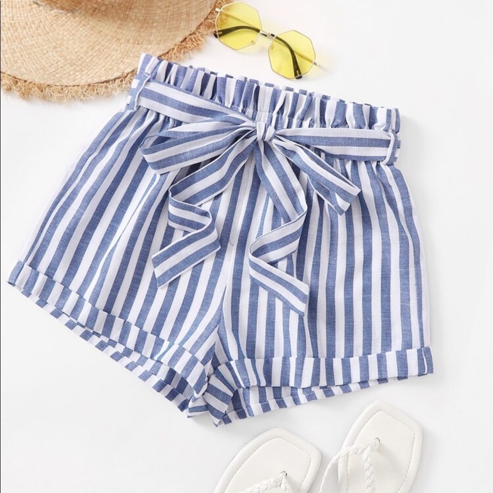 Blue and White Pinstripe Paper Bag Shorts